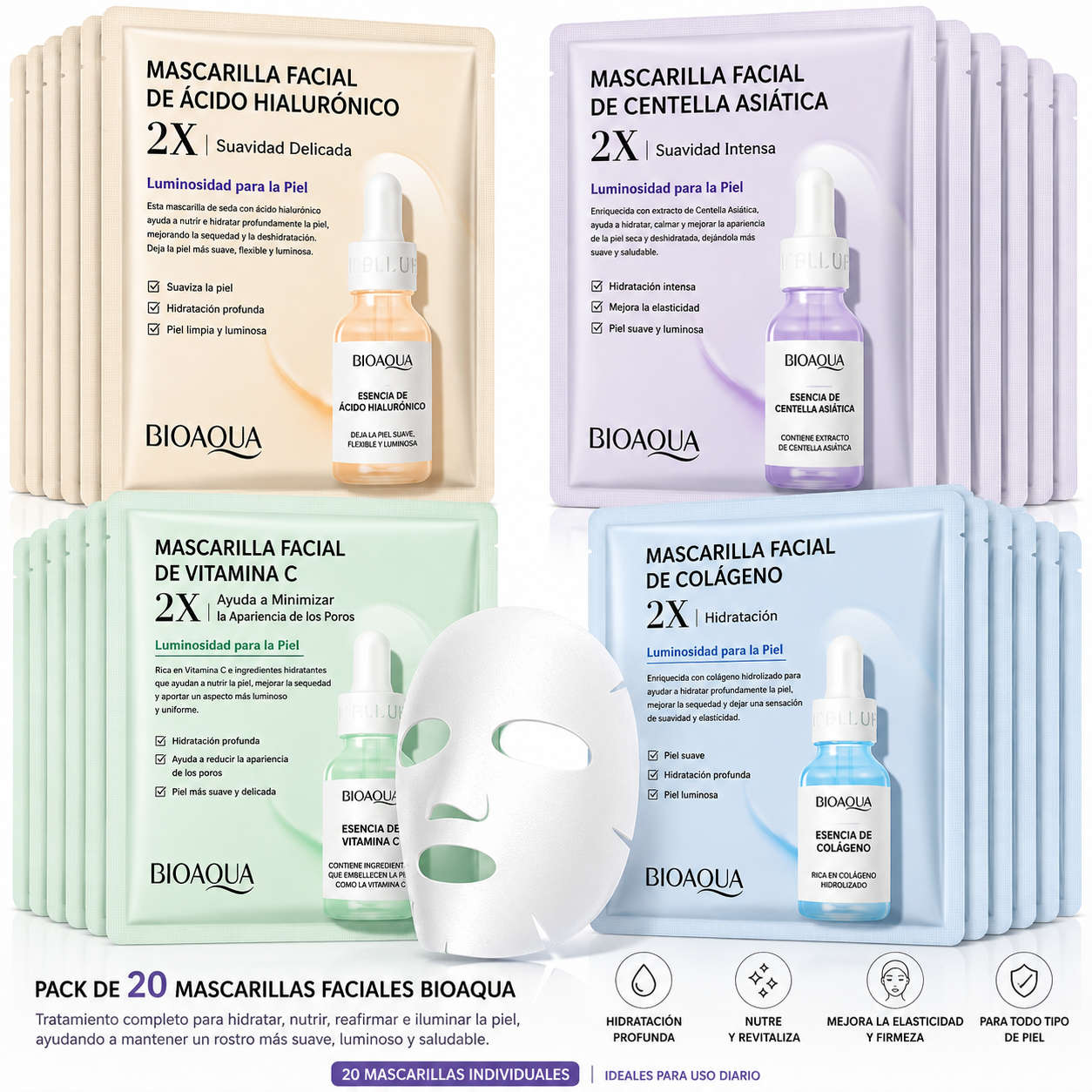 Paquete de 20 Mascarillas Faciales BIOAQUA